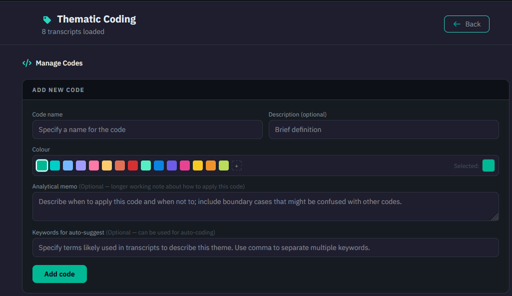 Screenshot of the Manage Codes panel in AnalyZ Solutions showing code name, description, analytical memo, keywords, and colour selection